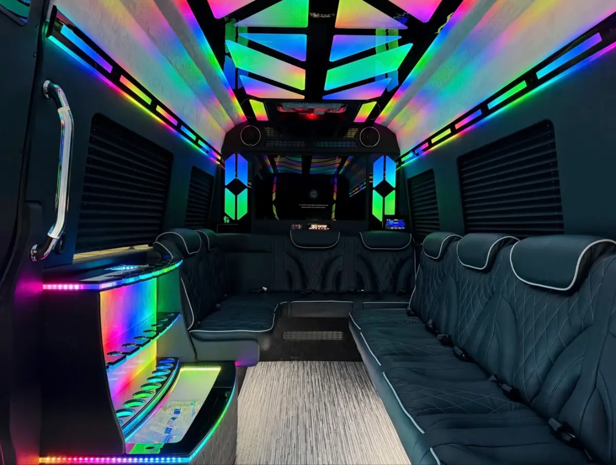 14-Passenger Sprinter Limo Party Bus – Rainbow LED light show